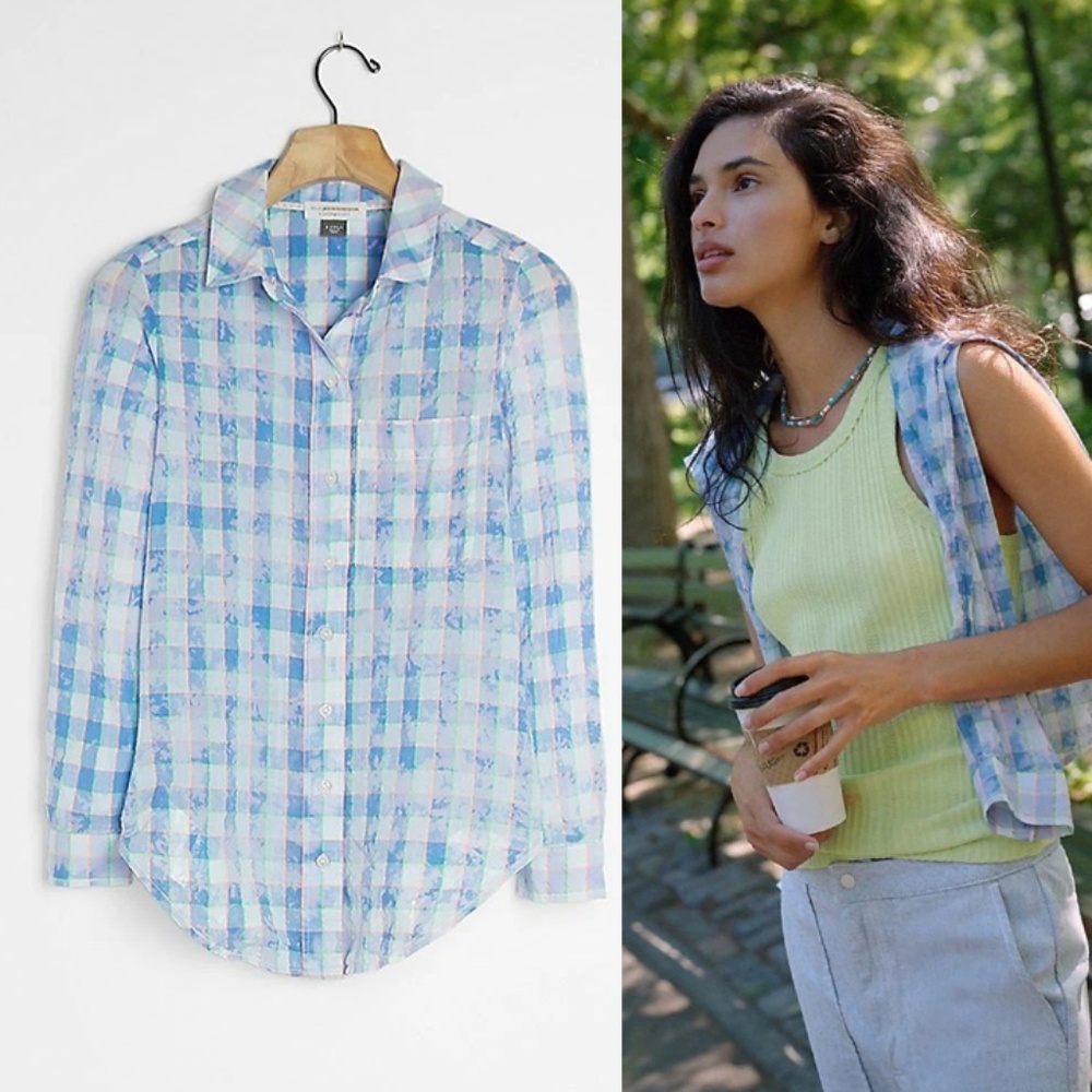 NWT Anthropologie Cate Classic Neon Plaid Tie-Dye Button-down